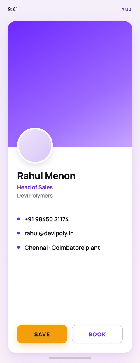 A Yuj digital business card open on a phone — name, job title, phone number, email, and a Save button
