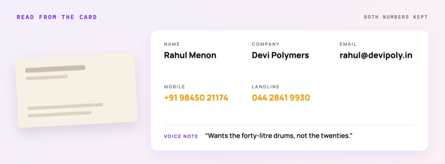 A photographed paper card read into fields — name, company, email, mobile and landline — with a voice note underneath